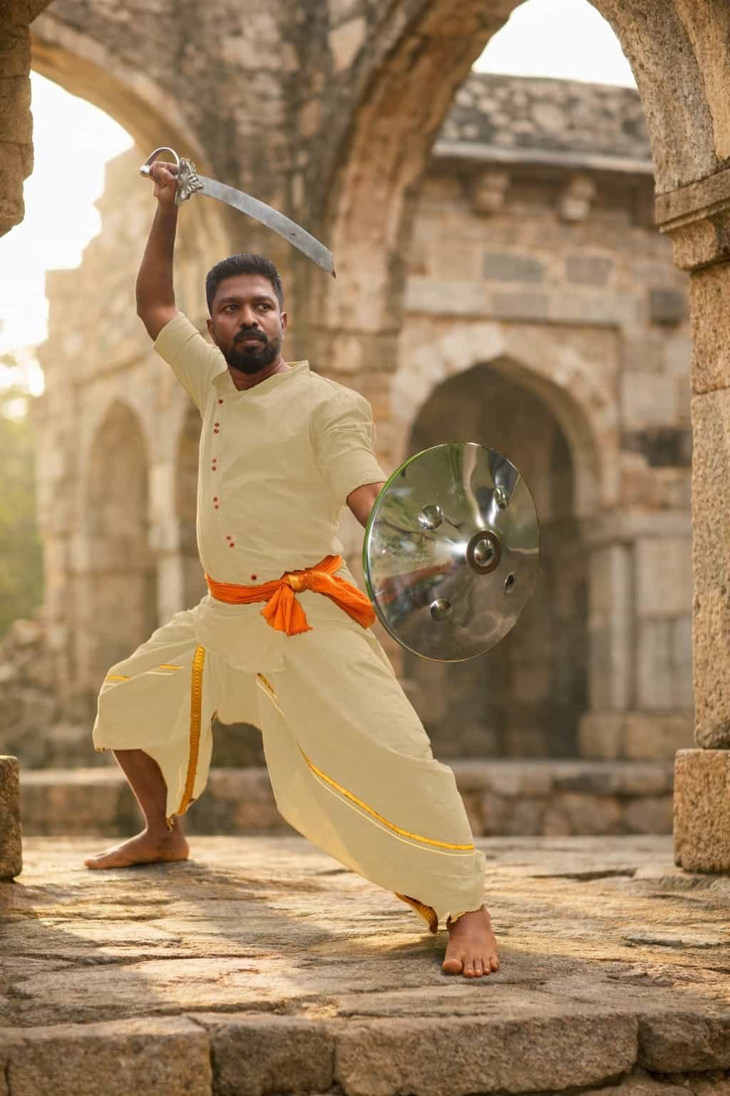 An Adimurai practitioner in a low stance with sword and shield among temple ruins