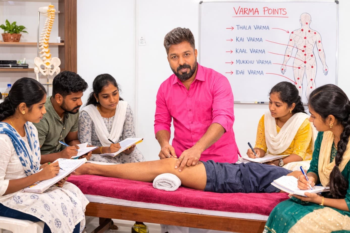 A Varma practitioner working on a patient's leg while students take notes
