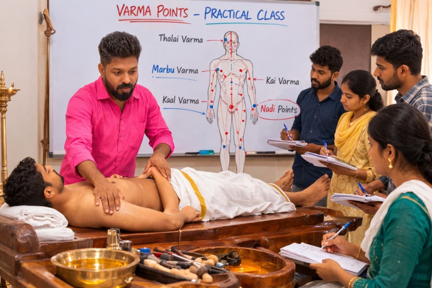 A Varma points class gathered around a practitioner and a chart of the points