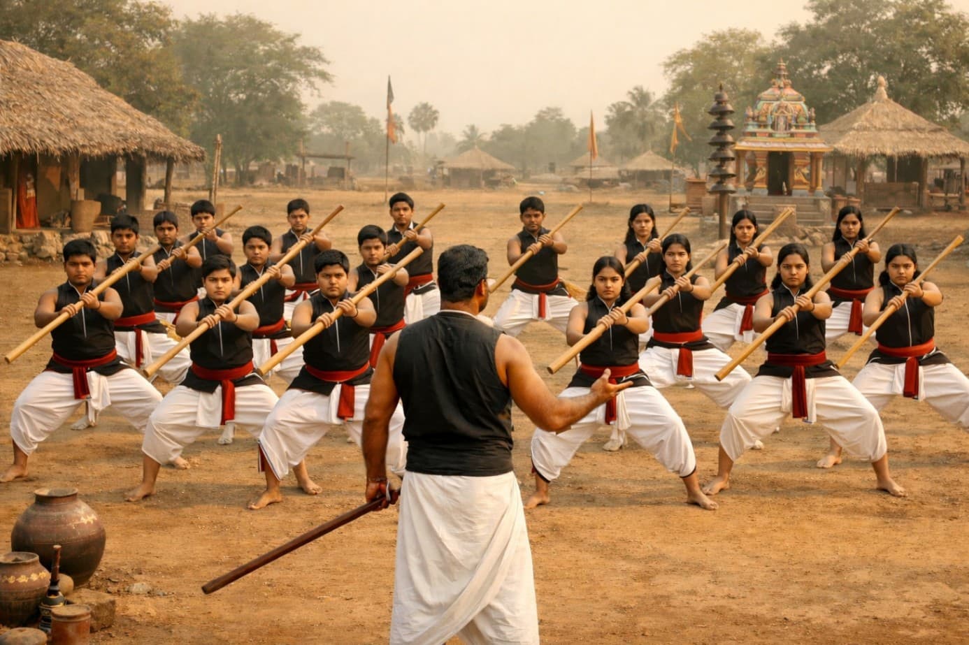 Students training with Silambam staffs in formation